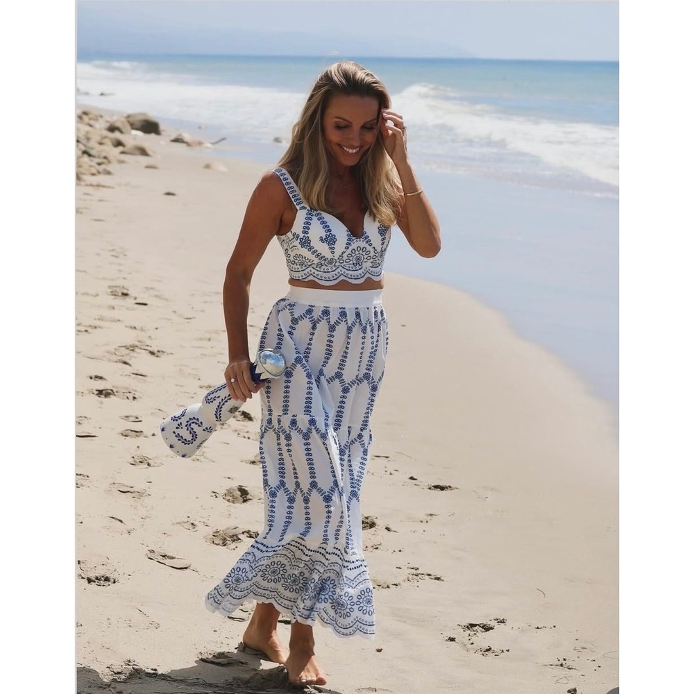 Commense White and Blue Two-Piece Cropped Top & Maxi Skirt Set